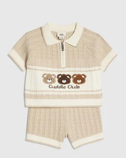 Baby Boys Beige 3D Bear Polo Shirt Set