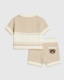 Baby Boys Beige 3D Bear Polo Shirt Set