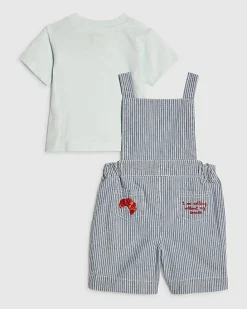 Baby Boys Blue Stripe Embroidery Dungaree Set