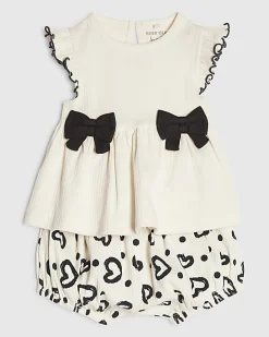 Baby Girls Cream Bow Peplum Ribbed Top Set