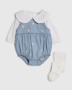 Baby Girls Denim Daisy Romper 3 Piece Set