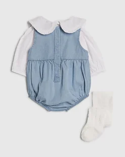 Baby Girls Denim Daisy Romper 3 Piece Set