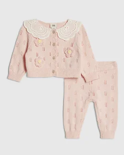 Baby Girls Pink Broderie Daisy Knit Top Set