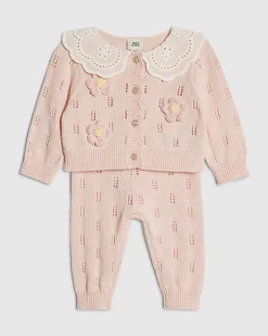 Baby Girls Pink Broderie Daisy Knit Top Set