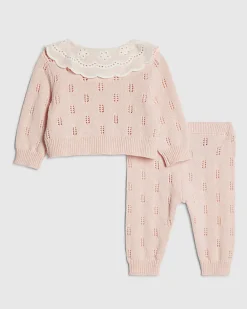 Baby Girls Pink Broderie Daisy Knit Top Set