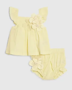 Baby Girls Yellow Smock 3D Flower Top Set