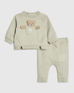 Baby Khaki Bear Pocket Sweatshirt Set