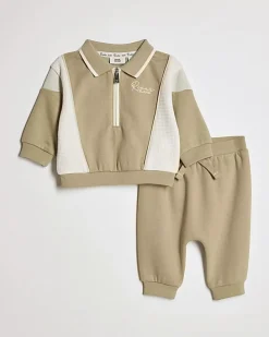 Baby Khaki Colour Blocked Sweatshirt Set