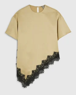 Beige Asymmetric Lace Satin T-Shirt