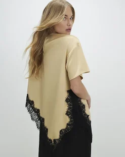 Beige Asymmetric Lace Satin T-Shirt