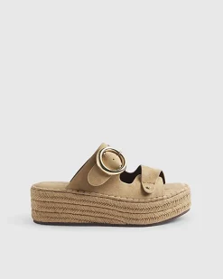 Beige Buckle Strap Wedge Sandals