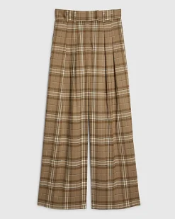 Beige Check Pleated Wide Leg Trousers