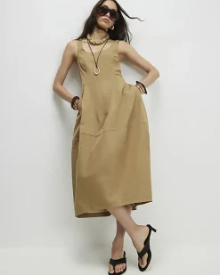 Beige Cotton Blend Cocoon Midi Dress