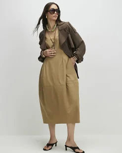 Beige Cotton Blend Cocoon Midi Dress