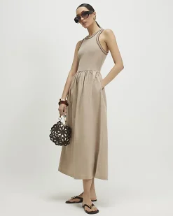 Beige Cotton Sleeveless Whipstitch Maxi Dress