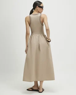 Beige Cotton Sleeveless Whipstitch Maxi Dress