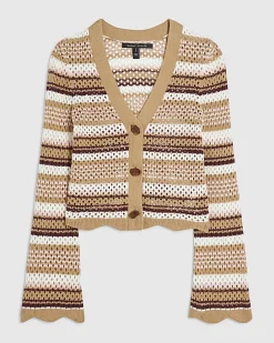 Beige Crochet Knit Striped Cardigan