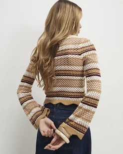 Beige Crochet Knit Striped Cardigan