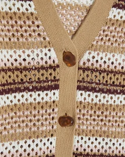 Beige Crochet Knit Striped Cardigan