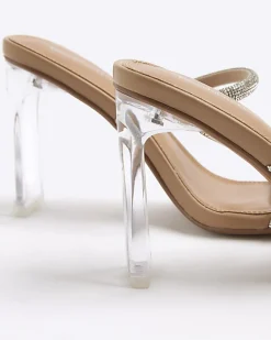Beige Diamante Double Strap Heeled Mules