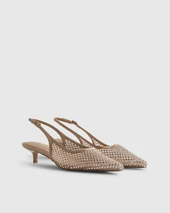 Beige Diamante Mesh Slingback Court Heels