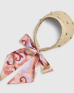 Beige Diamante Scarf Detail Visor Hat