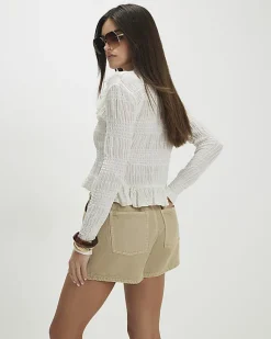Beige Elasticated A Line Denim Shorts