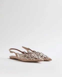 Beige Embellished Flat Shoes