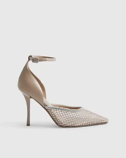 Beige Embellished Mesh Court Heels