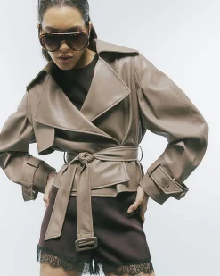 Beige Faux Leather Belted Trench Jacket