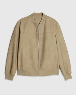 Beige Faux Leather Bomber Jacket