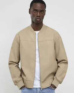 Beige Faux Leather Bomber Jacket