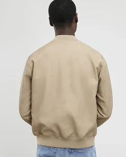 Beige Faux Leather Bomber Jacket
