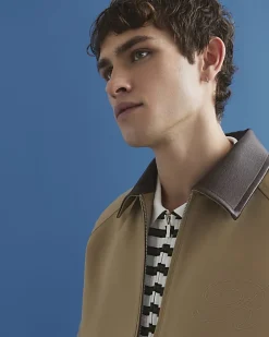 Beige Faux Leather Collared Harrington Jacket