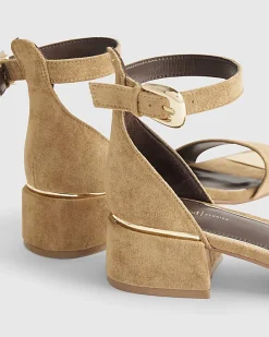Beige Faux Suede Low Block Heel Sandals