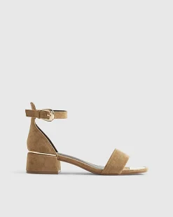 Beige Faux Suede Low Block Heel Sandals