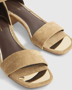Beige Faux Suede Low Block Heel Sandals