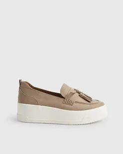 Beige Faux Suede Platform Tassel Trainers