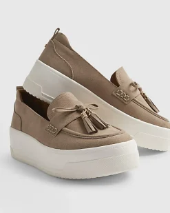 Beige Faux Suede Platform Tassel Trainers