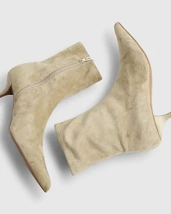 Beige Faux Suede Pointed Toe Sock Boots