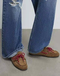 Beige Faux Suede Red Tie Boat Shoes