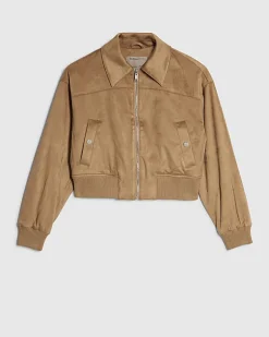 Beige Faux Suede Ribbed Hem Bomber Jacket