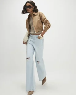 Beige Faux Suede Ribbed Hem Bomber Jacket