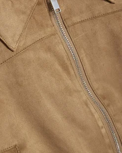 Beige Faux Suede Ribbed Hem Bomber Jacket