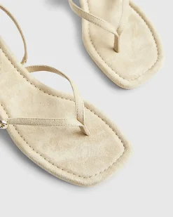 Beige Faux Suede Toe Thong Heeled Sandals