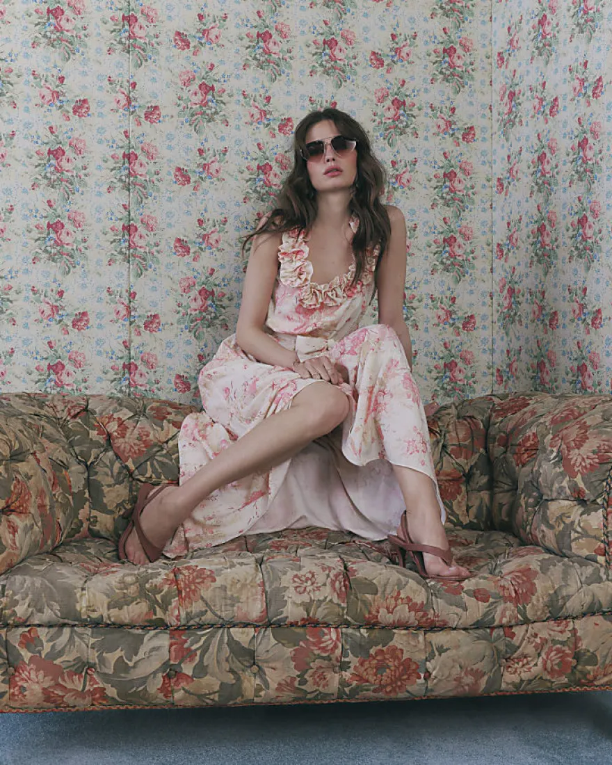 Beige Floral Corsage Tiered Maxi Dress