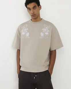 Beige Floral Embroidered Midweight T-Shirt