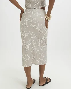 Beige Floral Embroidered Midi Skirt