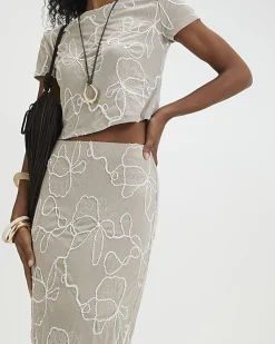 Beige Floral Embroidered Midi Skirt