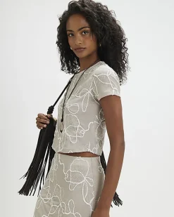 Beige Floral Embroidered T-Shirt